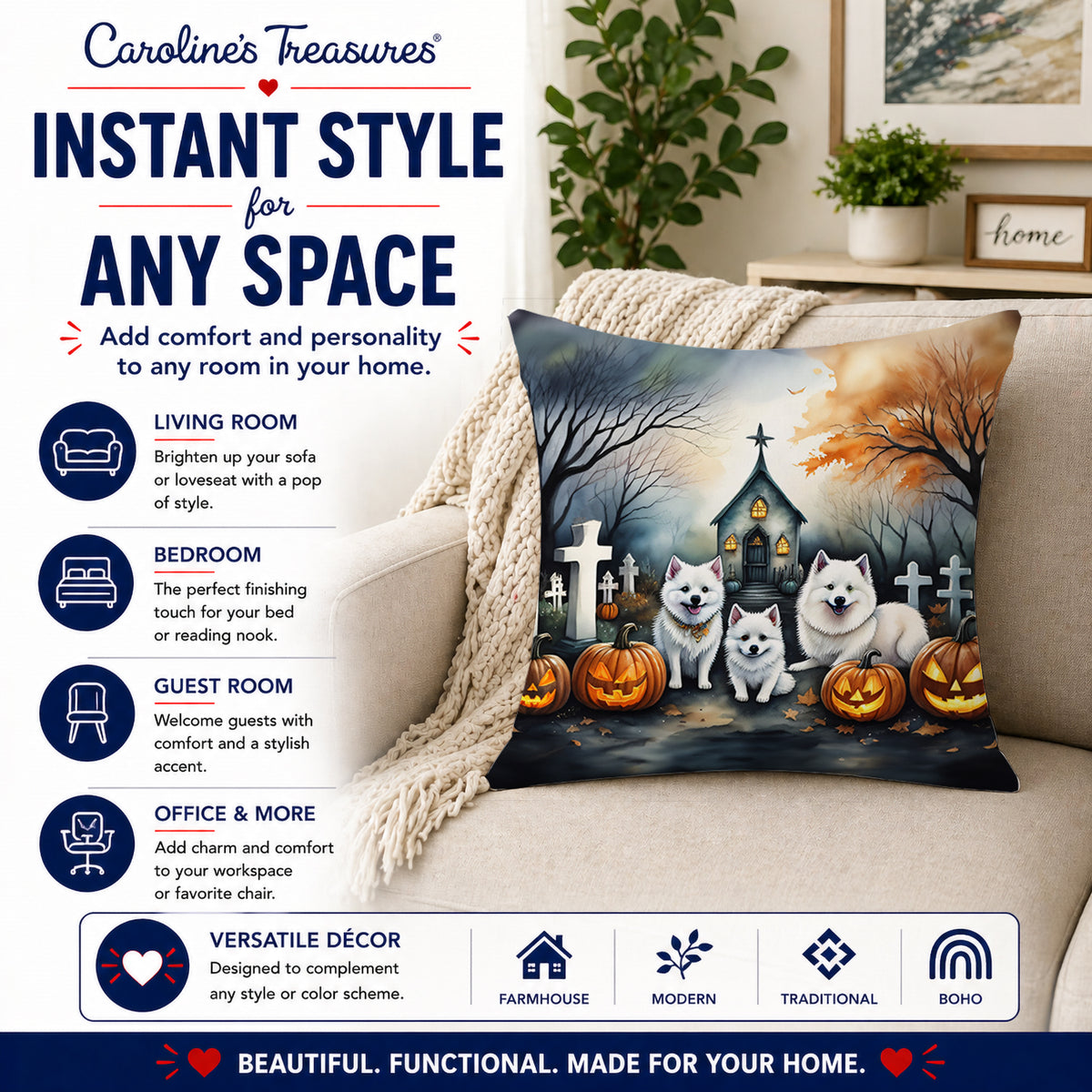 Caroline's Treasures DAC2008PW1818 American Eskimo Spooky Halloween Fabric Decorative Pillow Machine Washable, Indoor Outdoor Decorative Pillow for Couch, Bed or Patio, 18Hx18W