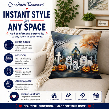 Caroline's Treasures DAC2008PW1818 American Eskimo Spooky Halloween Fabric Decorative Pillow Machine Washable, Indoor Outdoor Decorative Pillow for Couch, Bed or Patio, 18Hx18W
