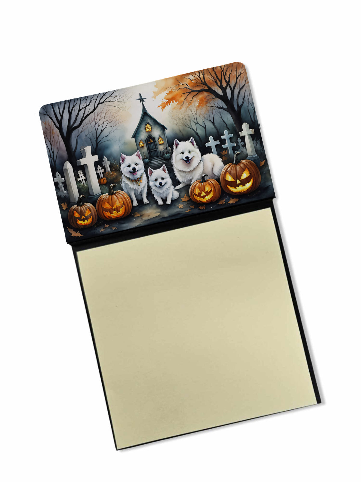 Caroline's Treasures American Eskimo Spooky Halloween Sticky Note Holder Refillable Dispenser Self-Sticky Note Pads, Memo Pads Blank Desk Accessories