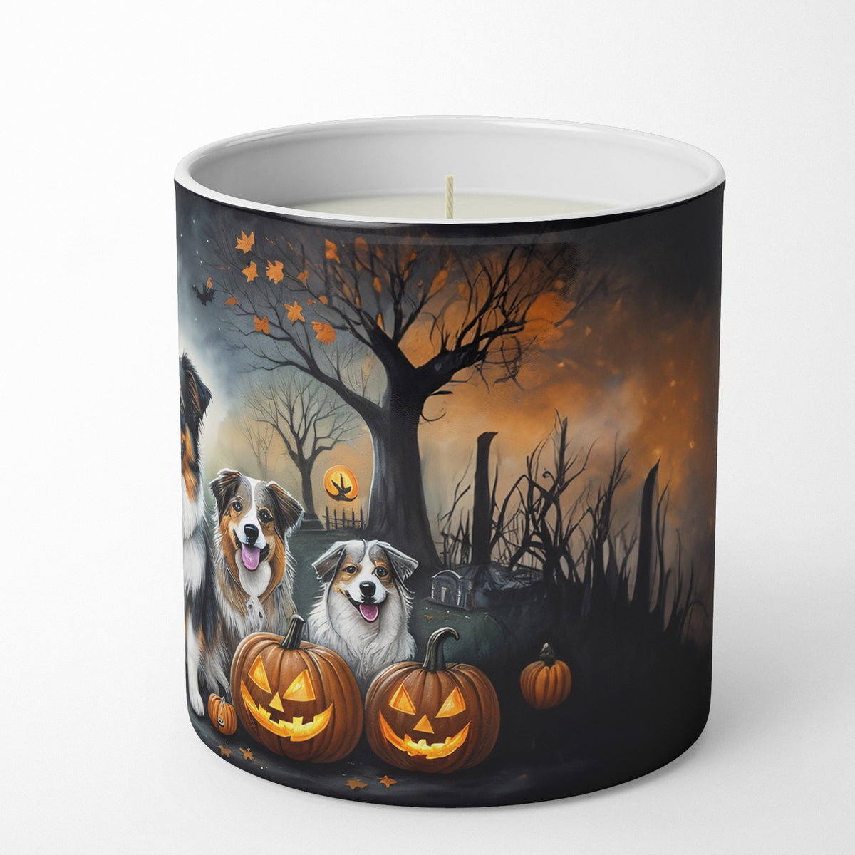 Caroline's Treasures DAC2009CDL Australian Shepherd Spooky Halloween Decorative Soy Candle Nature Soy Wax Essential Oil Home Decor Ideal for Bedroom Kitchen Bath Office Gift, 10 oz