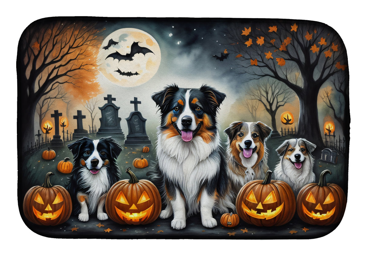 Caroline's Treasures DAC2009DDM Australian Shepherd Spooky Halloween Dish Drying Mat Absorbent Dish Drying Mat Pad for Kitchen Counter Dish Drainer Mat for Countertop, 14 x 21, Multicolor