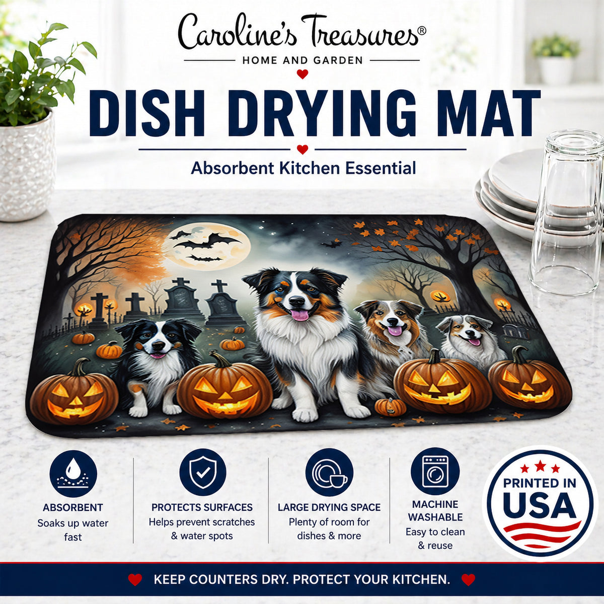 Caroline's Treasures DAC2009DDM Australian Shepherd Spooky Halloween Dish Drying Mat Absorbent Dish Drying Mat Pad for Kitchen Counter Dish Drainer Mat for Countertop, 14 x 21, Multicolor