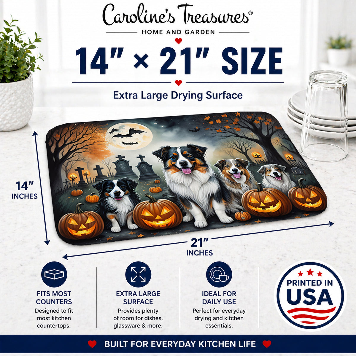 Caroline's Treasures DAC2009DDM Australian Shepherd Spooky Halloween Dish Drying Mat Absorbent Dish Drying Mat Pad for Kitchen Counter Dish Drainer Mat for Countertop, 14 x 21, Multicolor