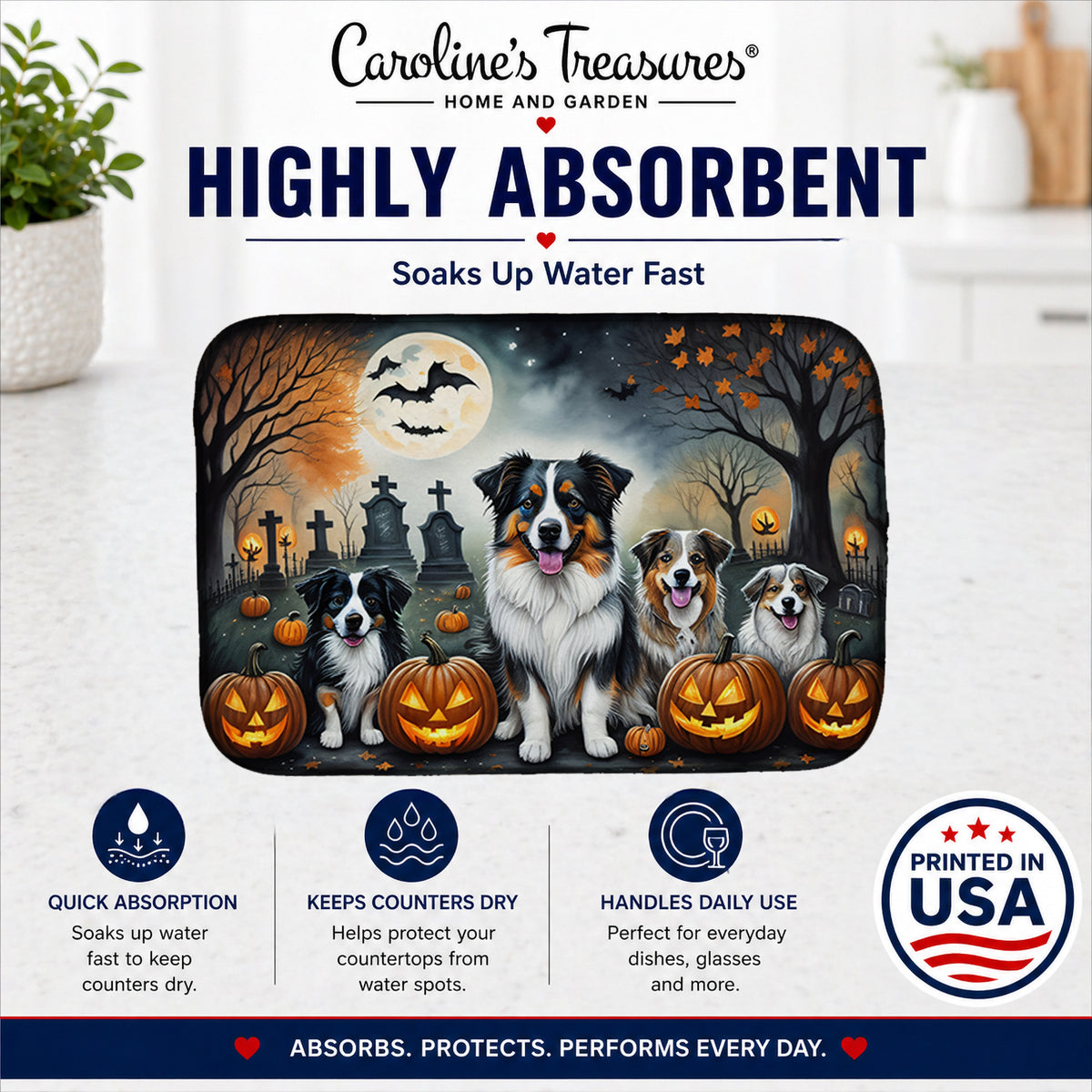 Caroline's Treasures DAC2009DDM Australian Shepherd Spooky Halloween Dish Drying Mat Absorbent Dish Drying Mat Pad for Kitchen Counter Dish Drainer Mat for Countertop, 14 x 21, Multicolor