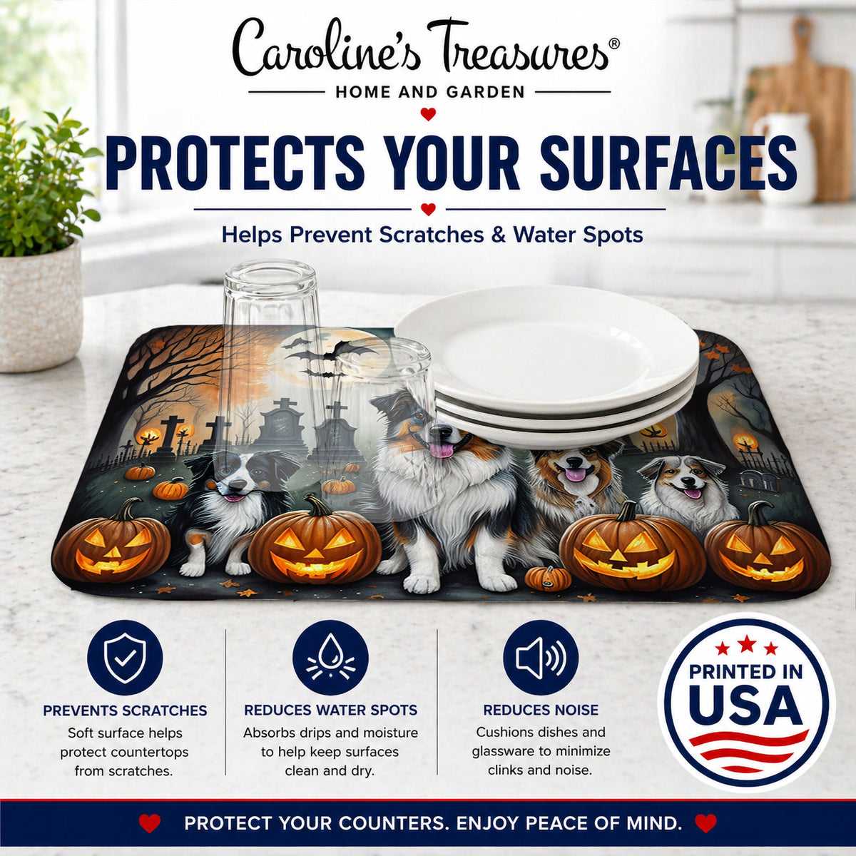Caroline's Treasures DAC2009DDM Australian Shepherd Spooky Halloween Dish Drying Mat Absorbent Dish Drying Mat Pad for Kitchen Counter Dish Drainer Mat for Countertop, 14 x 21, Multicolor