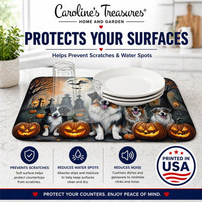 Caroline's Treasures DAC2009DDM Australian Shepherd Spooky Halloween Dish Drying Mat Absorbent Dish Drying Mat Pad for Kitchen Counter Dish Drainer Mat for Countertop, 14 x 21, Multicolor