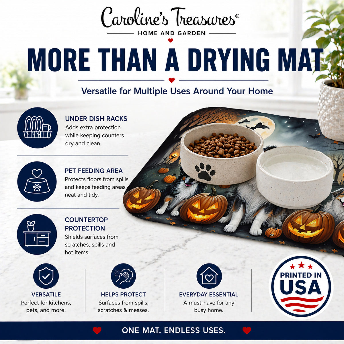 Caroline's Treasures DAC2009DDM Australian Shepherd Spooky Halloween Dish Drying Mat Absorbent Dish Drying Mat Pad for Kitchen Counter Dish Drainer Mat for Countertop, 14 x 21, Multicolor