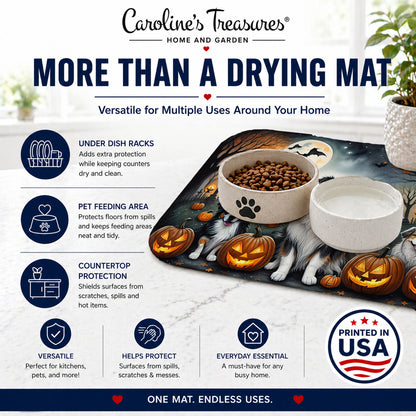 Caroline's Treasures DAC2009DDM Australian Shepherd Spooky Halloween Dish Drying Mat Absorbent Dish Drying Mat Pad for Kitchen Counter Dish Drainer Mat for Countertop, 14 x 21, Multicolor