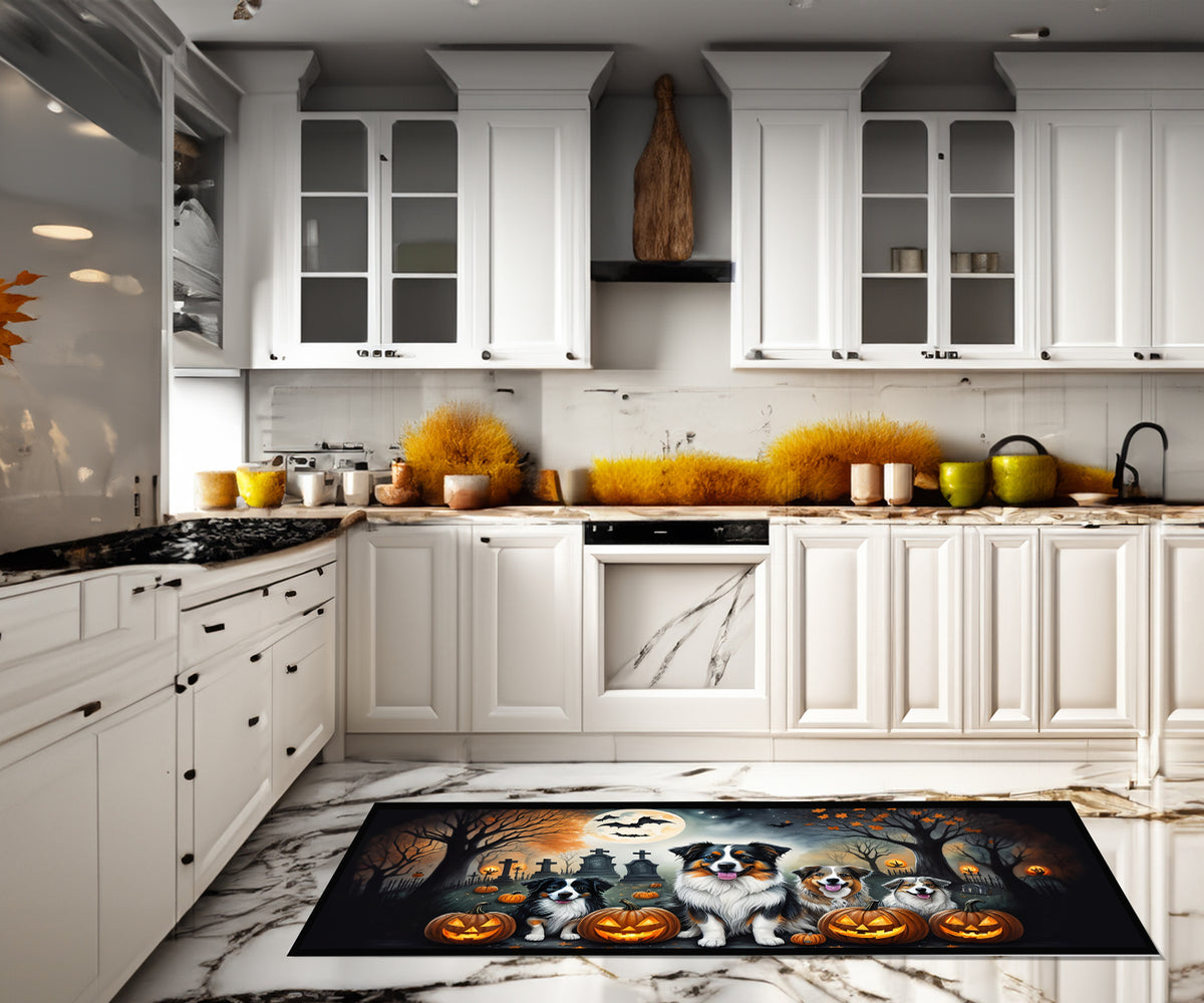 Caroline's Treasures Australian Shepherd Spooky Halloween Runner Mat 28x58 Front Door Mat Indoor Outdoor Rugs for Entryway Hallway Foyer Non Slip Washable Wide Doormat