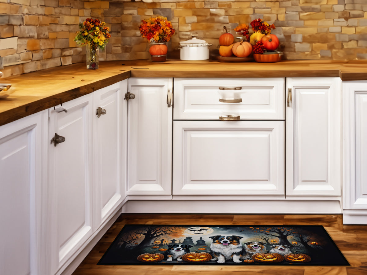 Caroline's Treasures Australian Shepherd Spooky Halloween Runner Mat 28x58 Front Door Mat Indoor Outdoor Rugs for Entryway Hallway Foyer Non Slip Washable Wide Doormat