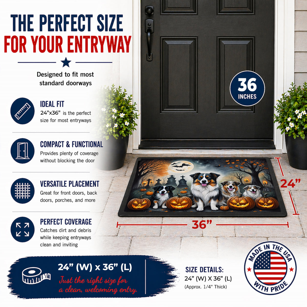 Caroline's Treasures DAC2009JMAT Australian Shepherd Spooky Halloween Indoor or Outdoor Mat 24x36 Front Door Mat Indoor Outdoor Rugs for Entryway, Non Slip Washable Low Pile, 24H X 36W