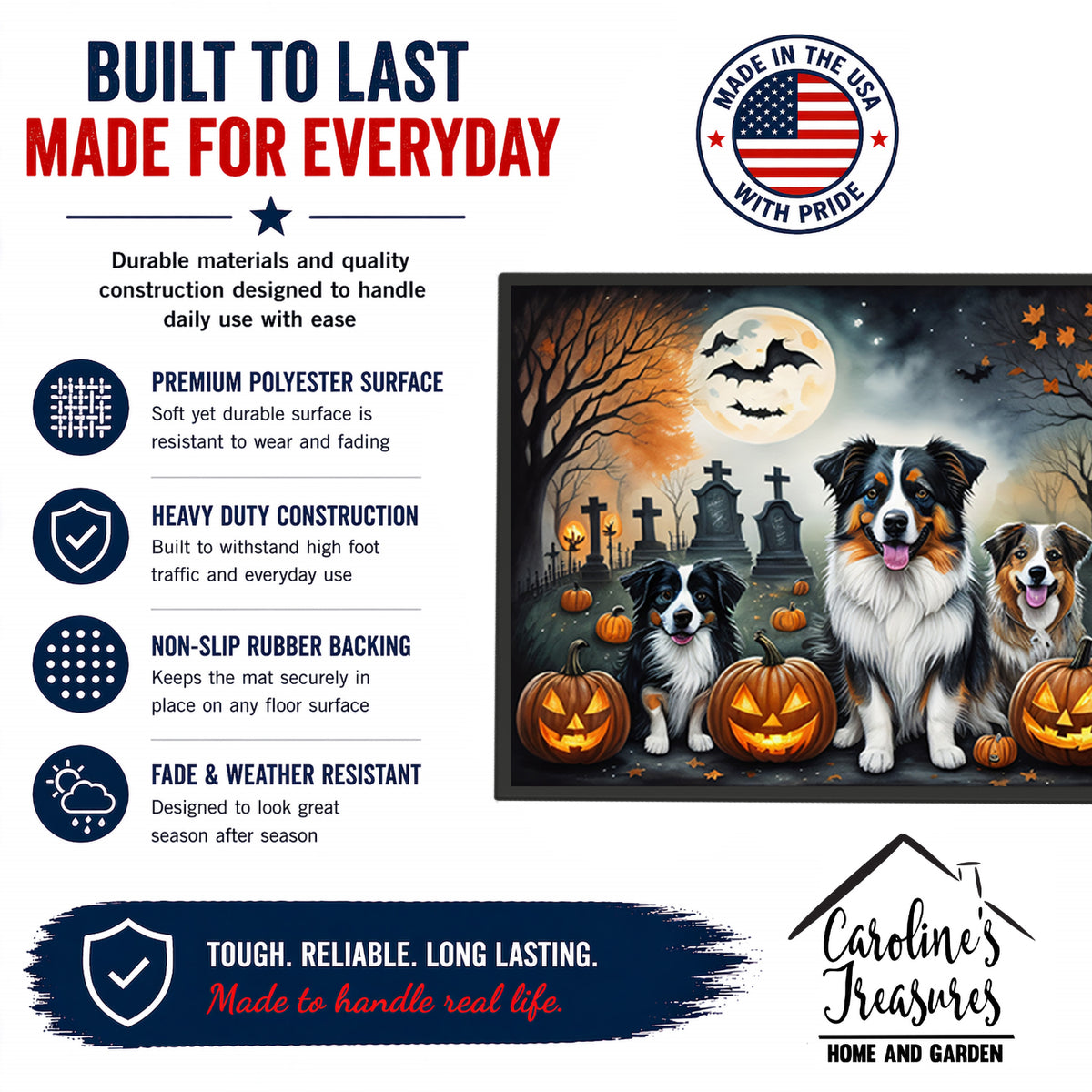 Caroline's Treasures DAC2009JMAT Australian Shepherd Spooky Halloween Indoor or Outdoor Mat 24x36 Front Door Mat Indoor Outdoor Rugs for Entryway, Non Slip Washable Low Pile, 24H X 36W