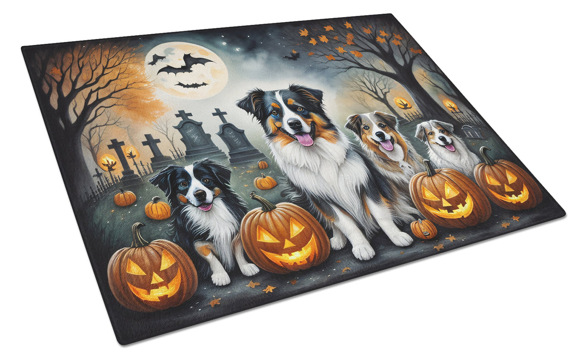 Caroline's Treasures DAC2009LCB Australian Shepherd Spooky Halloween Glass Cutting Board Large Decorative Tempered Glass Kitchen Cutting and Serving Board Large Size Chopping Board