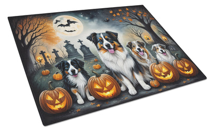 Caroline's Treasures DAC2009LCB Australian Shepherd Spooky Halloween Glass Cutting Board Large Decorative Tempered Glass Kitchen Cutting and Serving Board Large Size Chopping Board