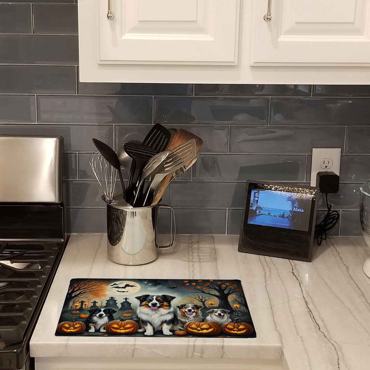 Caroline's Treasures DAC2009LCB Australian Shepherd Spooky Halloween Glass Cutting Board Large Decorative Tempered Glass Kitchen Cutting and Serving Board Large Size Chopping Board