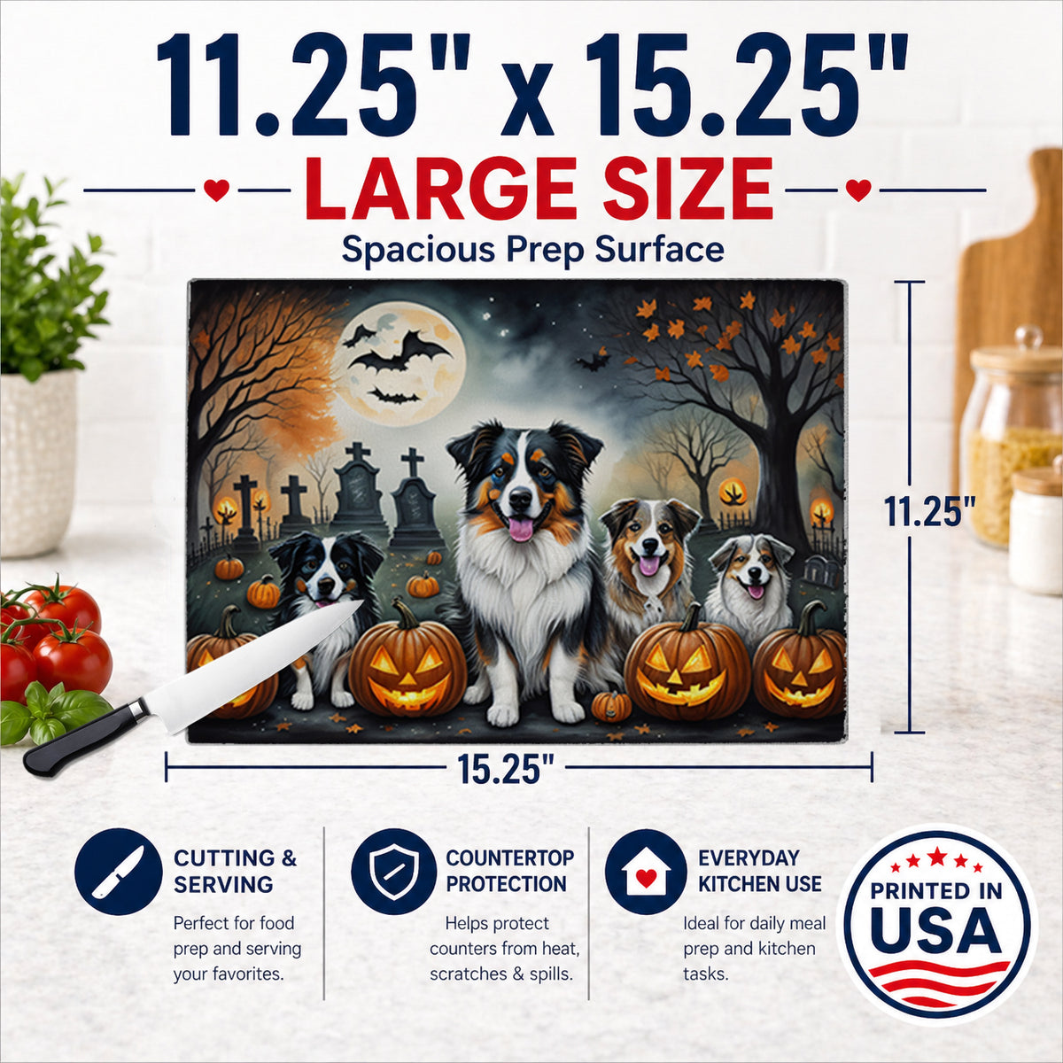 Caroline's Treasures DAC2009LCB Australian Shepherd Spooky Halloween Glass Cutting Board Large Decorative Tempered Glass Kitchen Cutting and Serving Board Large Size Chopping Board