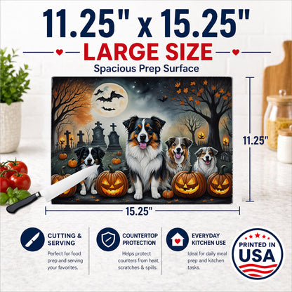 Caroline's Treasures DAC2009LCB Australian Shepherd Spooky Halloween Glass Cutting Board Large Decorative Tempered Glass Kitchen Cutting and Serving Board Large Size Chopping Board