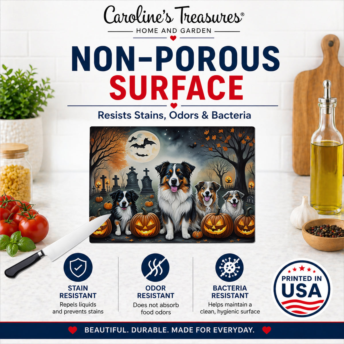 Caroline's Treasures DAC2009LCB Australian Shepherd Spooky Halloween Glass Cutting Board Large Decorative Tempered Glass Kitchen Cutting and Serving Board Large Size Chopping Board