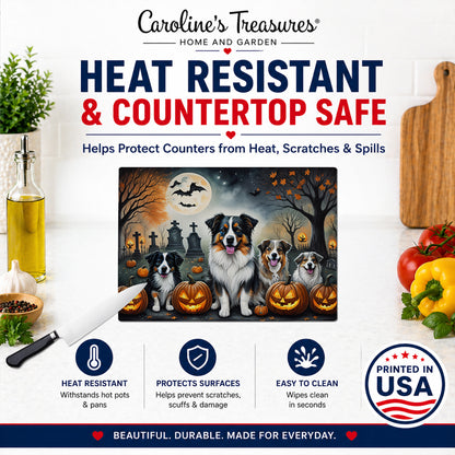 Caroline's Treasures DAC2009LCB Australian Shepherd Spooky Halloween Glass Cutting Board Large Decorative Tempered Glass Kitchen Cutting and Serving Board Large Size Chopping Board