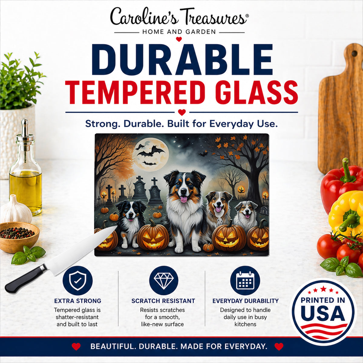 Caroline's Treasures DAC2009LCB Australian Shepherd Spooky Halloween Glass Cutting Board Large Decorative Tempered Glass Kitchen Cutting and Serving Board Large Size Chopping Board