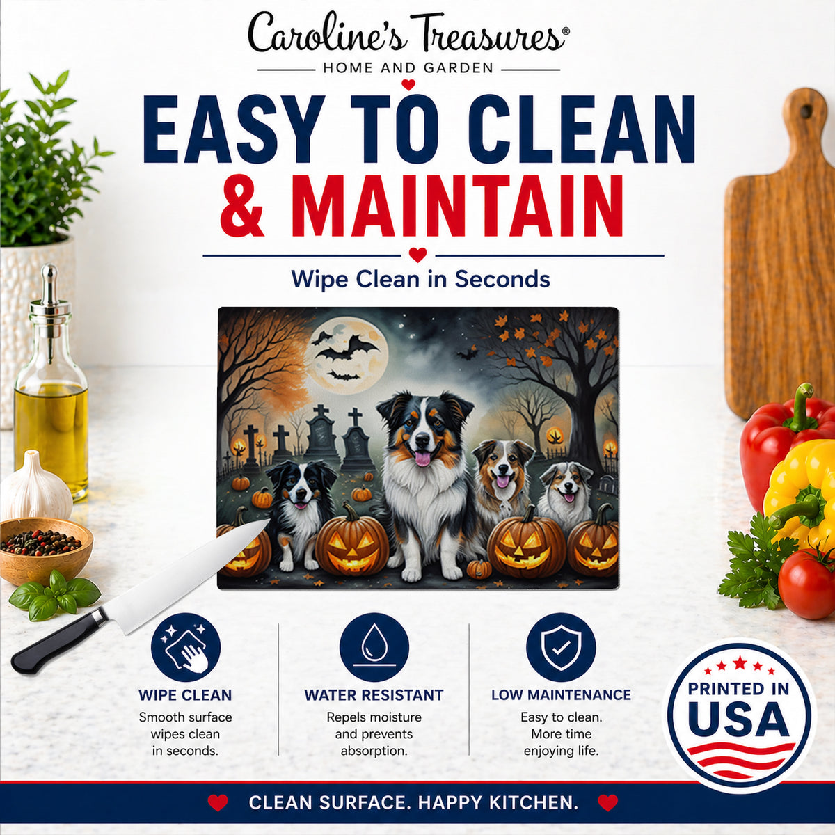 Caroline's Treasures DAC2009LCB Australian Shepherd Spooky Halloween Glass Cutting Board Large Decorative Tempered Glass Kitchen Cutting and Serving Board Large Size Chopping Board