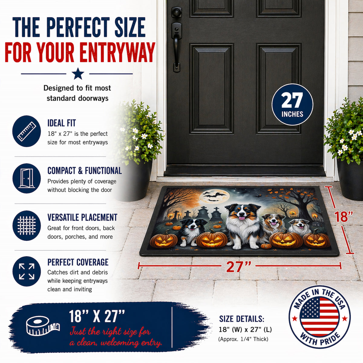 Caroline's Treasures DAC2009MAT Australian Shepherd Spooky Halloween Doormat 18x27 Front Door Mat Indoor Outdoor Rugs for Entryway, Non Slip Washable Low Pile, 18H X 27W