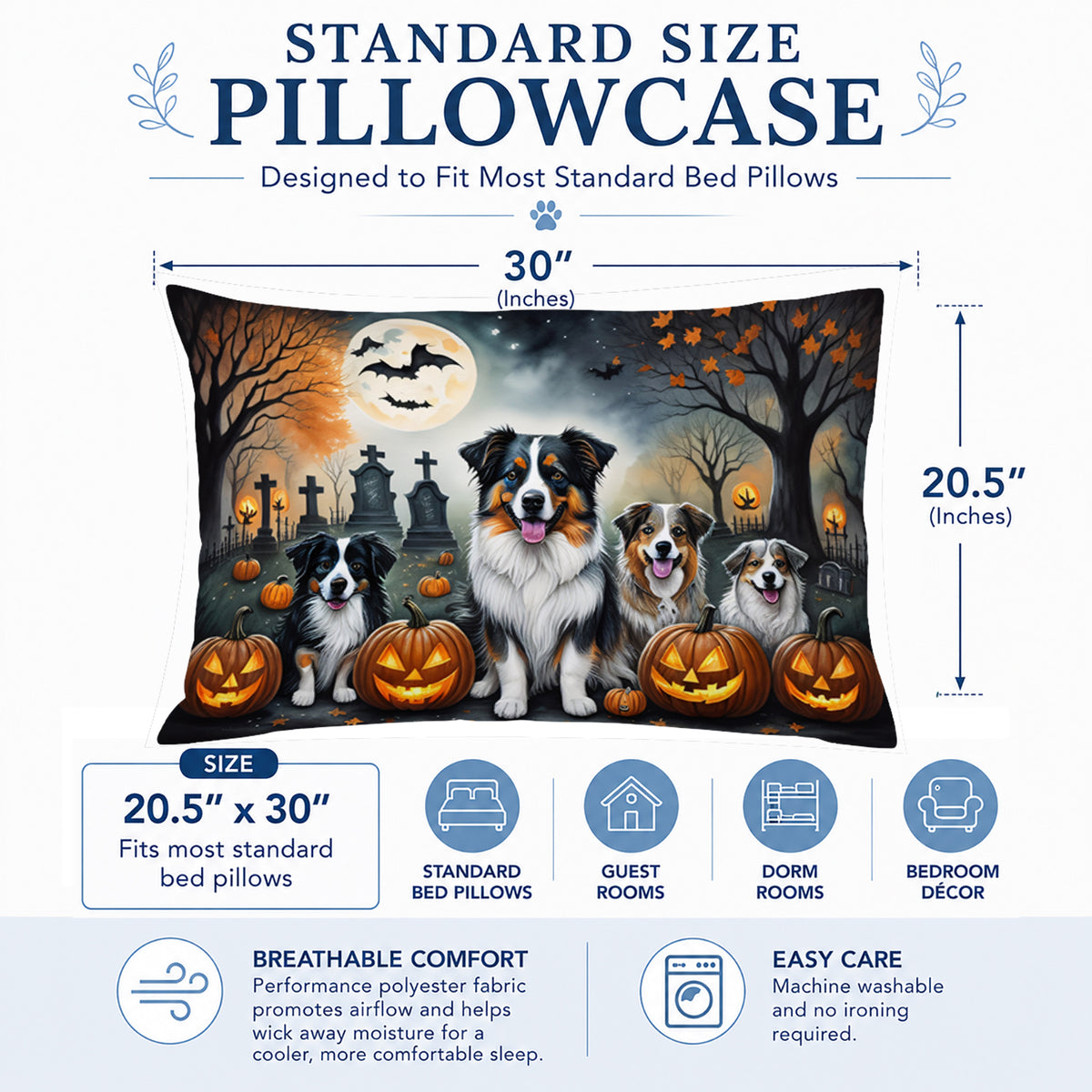 Caroline's Treasures DAC2009PILLOWCASE Australian Shepherd Spooky Halloween Fabric Standard Pillowcase Lightweight Super Soft Easy Care Decorative Artwork Pillowcase, Standard