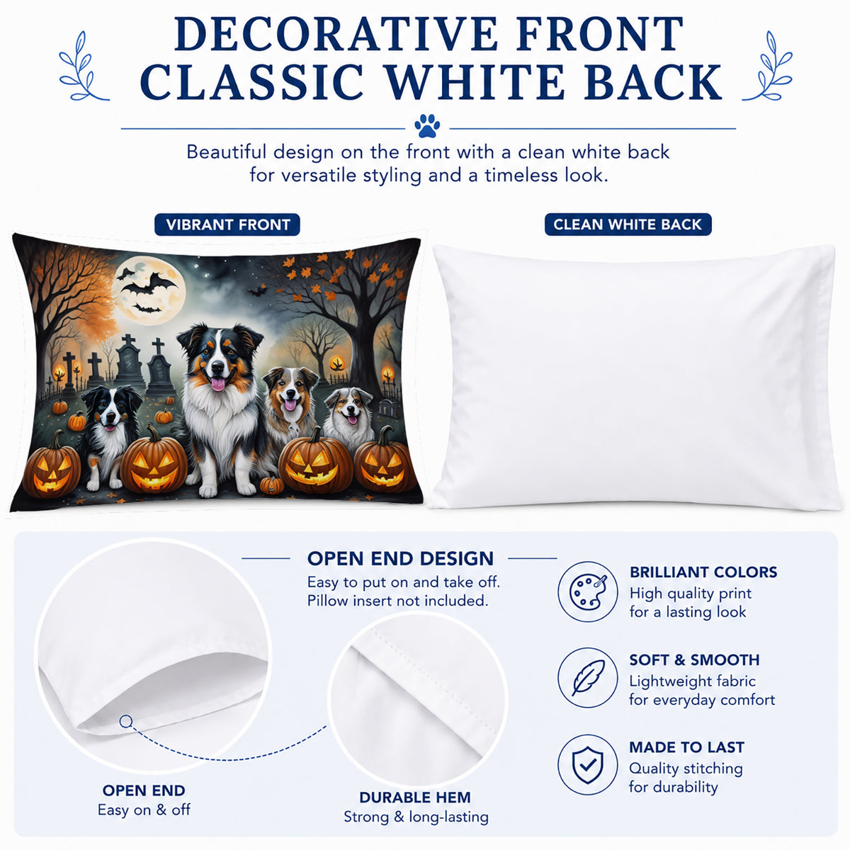 Caroline's Treasures DAC2009PILLOWCASE Australian Shepherd Spooky Halloween Fabric Standard Pillowcase Lightweight Super Soft Easy Care Decorative Artwork Pillowcase, Standard