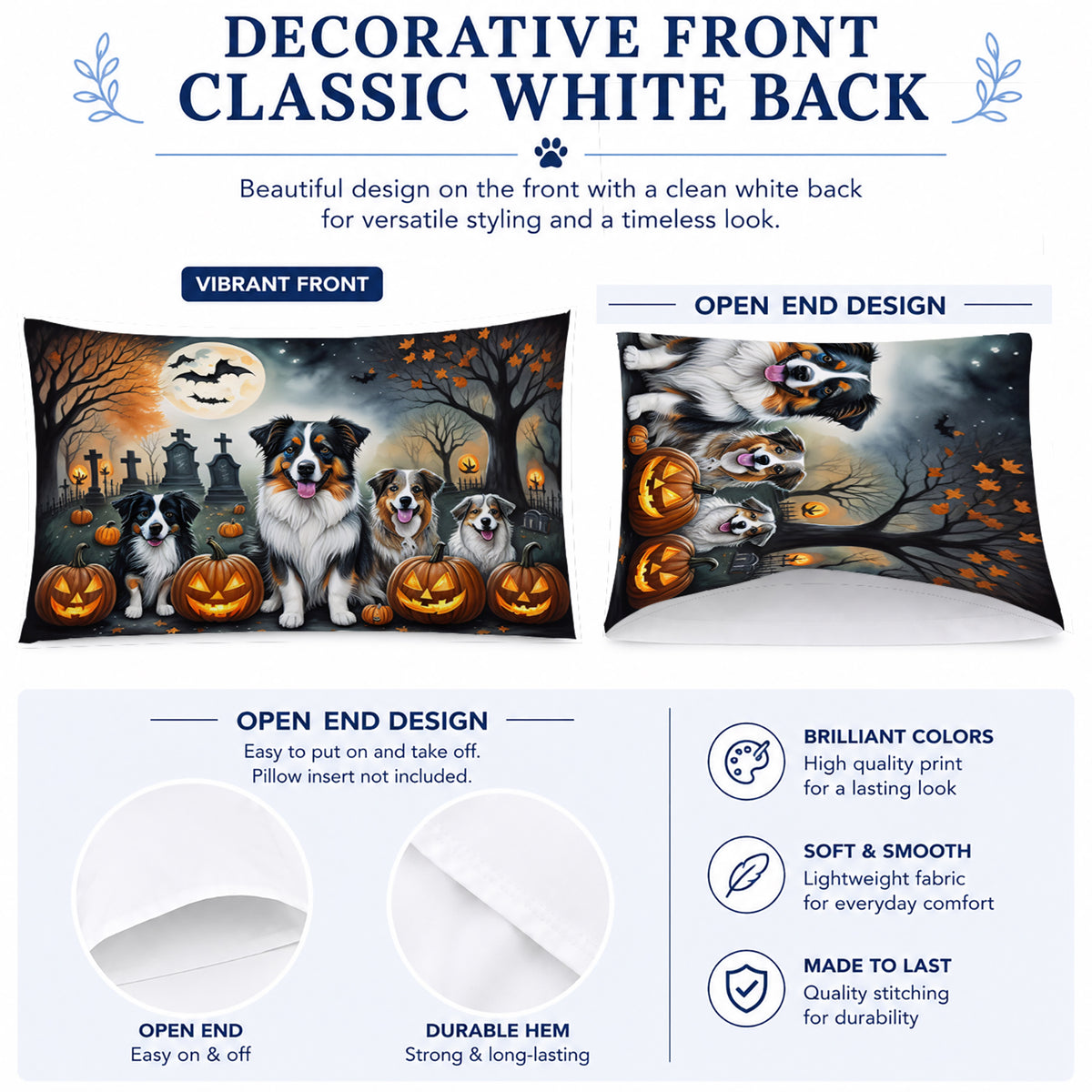 Caroline's Treasures DAC2009PILLOWCASE Australian Shepherd Spooky Halloween Fabric Standard Pillowcase Lightweight Super Soft Easy Care Decorative Artwork Pillowcase, Standard