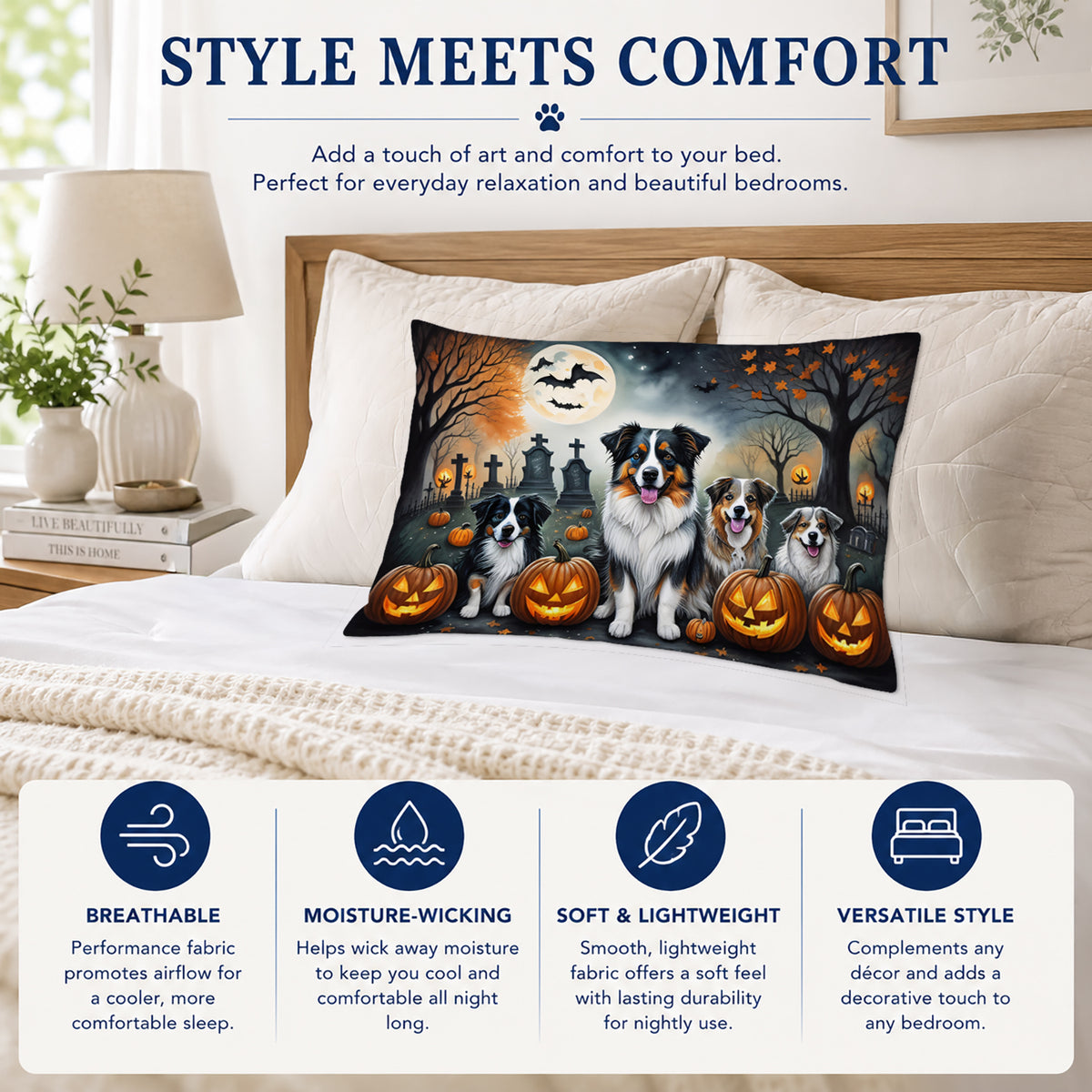 Caroline's Treasures DAC2009PILLOWCASE Australian Shepherd Spooky Halloween Fabric Standard Pillowcase Lightweight Super Soft Easy Care Decorative Artwork Pillowcase, Standard