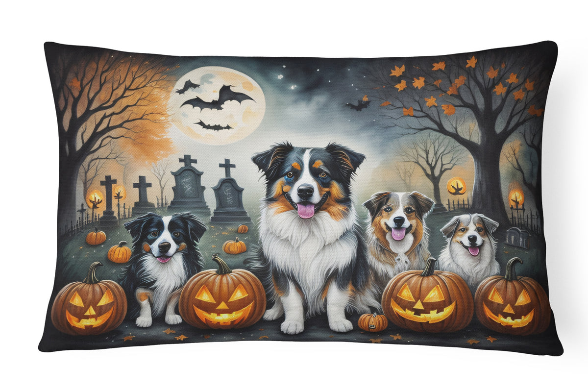 Caroline's Treasures DAC2009PW1216 Australian Shepherd Spooky Halloween Fabric Decorative Pillow Machine Washable, Indoor Outdoor Decorative Pillow for Couch, Bed or Patio, 12HX16W