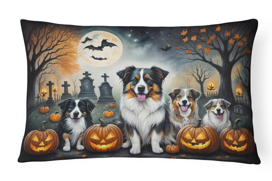 Caroline's Treasures DAC2009PW1216 Australian Shepherd Spooky Halloween Fabric Decorative Pillow Machine Washable, Indoor Outdoor Decorative Pillow for Couch, Bed or Patio, 12HX16W