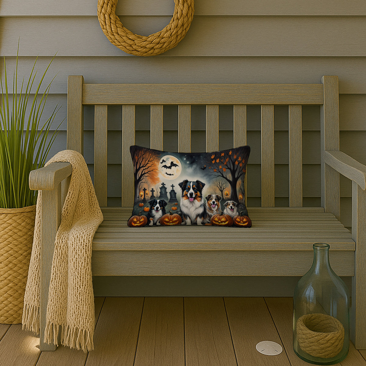 Caroline's Treasures DAC2009PW1216 Australian Shepherd Spooky Halloween Fabric Decorative Pillow Machine Washable, Indoor Outdoor Decorative Pillow for Couch, Bed or Patio, 12HX16W