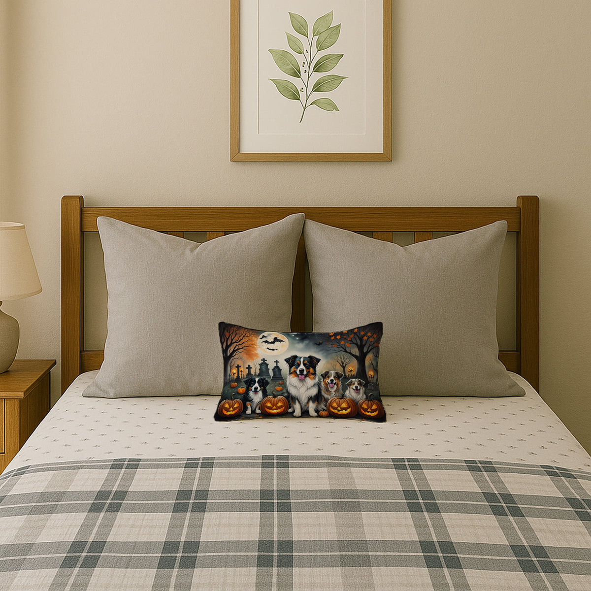 Caroline's Treasures DAC2009PW1216 Australian Shepherd Spooky Halloween Fabric Decorative Pillow Machine Washable, Indoor Outdoor Decorative Pillow for Couch, Bed or Patio, 12HX16W