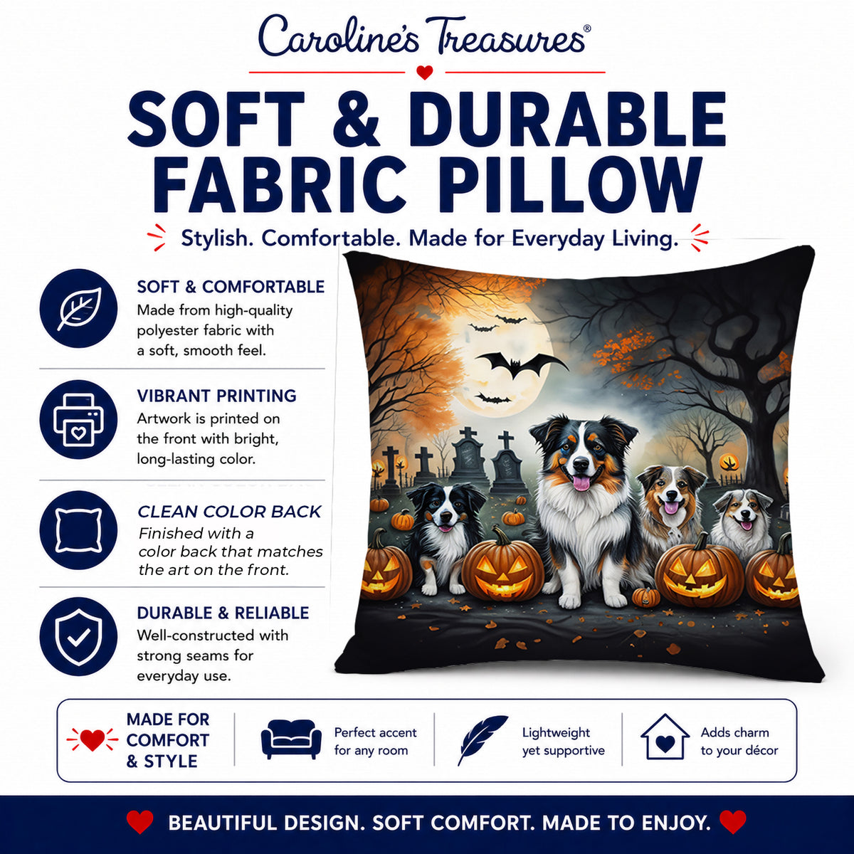 Caroline's Treasures DAC2009PW1414 Australian Shepherd Spooky Halloween Fabric Decorative Pillow Machine Washable, Indoor Outdoor Decorative Pillow for Couch, Bed or Patio, 14Hx14W