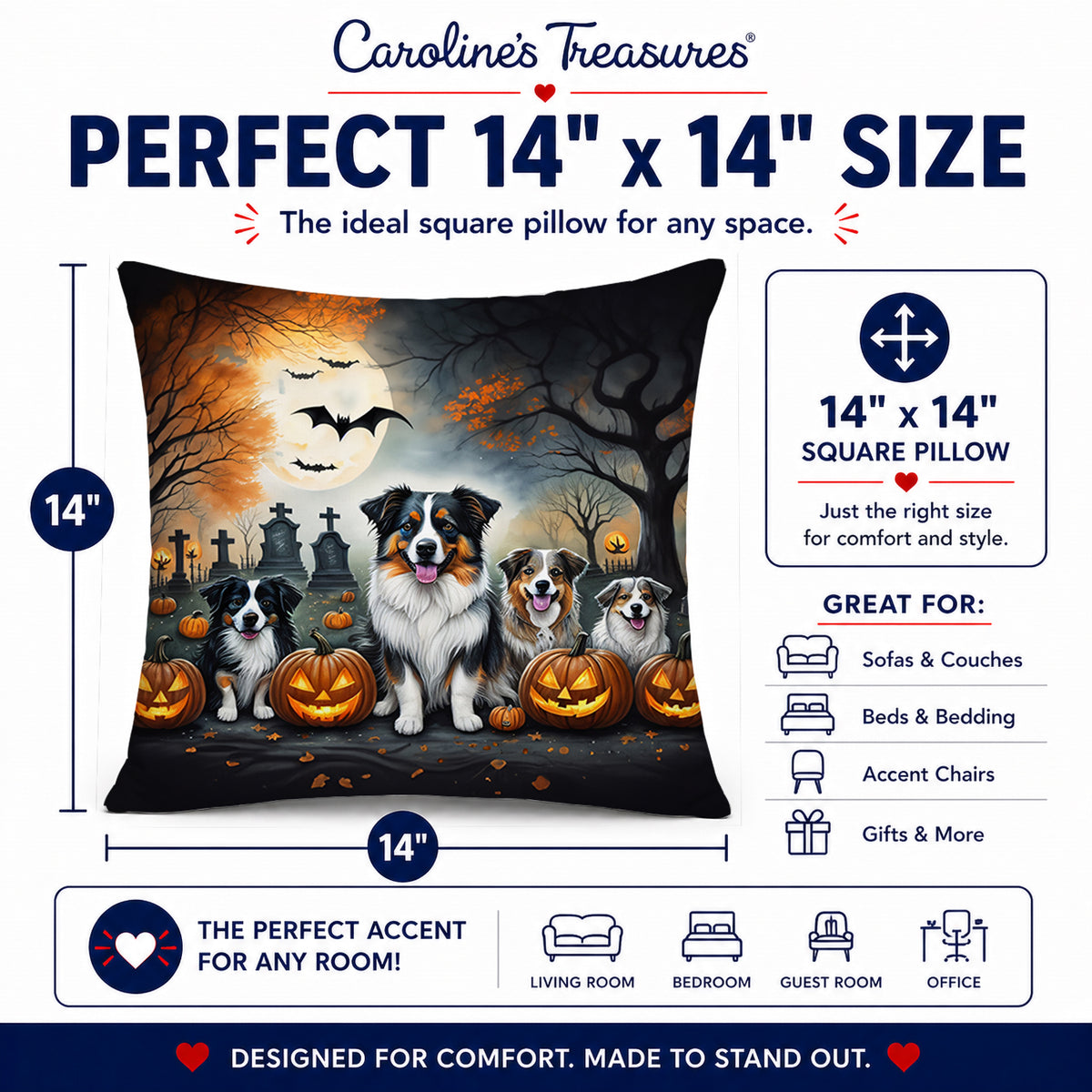 Caroline's Treasures DAC2009PW1414 Australian Shepherd Spooky Halloween Fabric Decorative Pillow Machine Washable, Indoor Outdoor Decorative Pillow for Couch, Bed or Patio, 14Hx14W