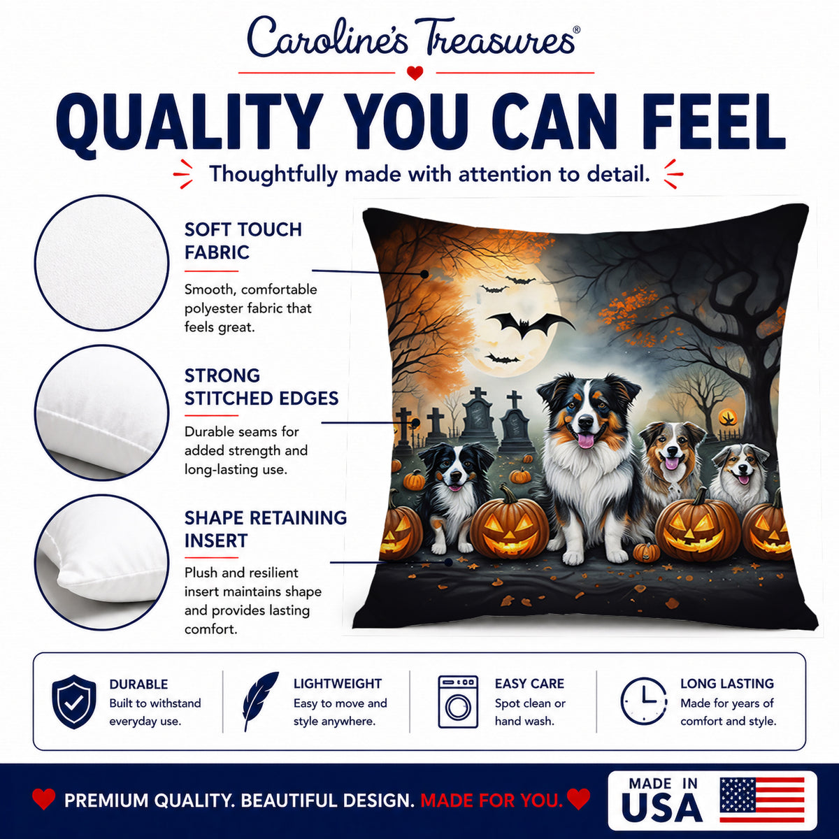 Caroline's Treasures DAC2009PW1414 Australian Shepherd Spooky Halloween Fabric Decorative Pillow Machine Washable, Indoor Outdoor Decorative Pillow for Couch, Bed or Patio, 14Hx14W