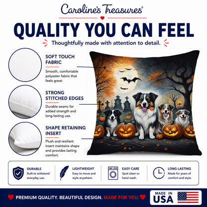 Caroline's Treasures DAC2009PW1414 Australian Shepherd Spooky Halloween Fabric Decorative Pillow Machine Washable, Indoor Outdoor Decorative Pillow for Couch, Bed or Patio, 14Hx14W
