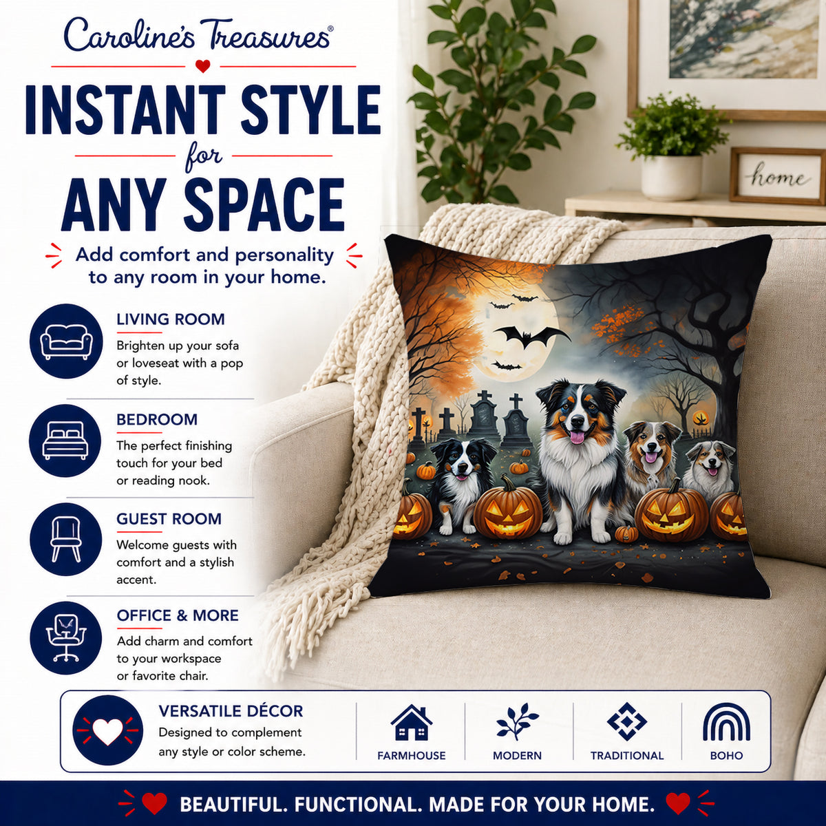 Caroline's Treasures DAC2009PW1414 Australian Shepherd Spooky Halloween Fabric Decorative Pillow Machine Washable, Indoor Outdoor Decorative Pillow for Couch, Bed or Patio, 14Hx14W