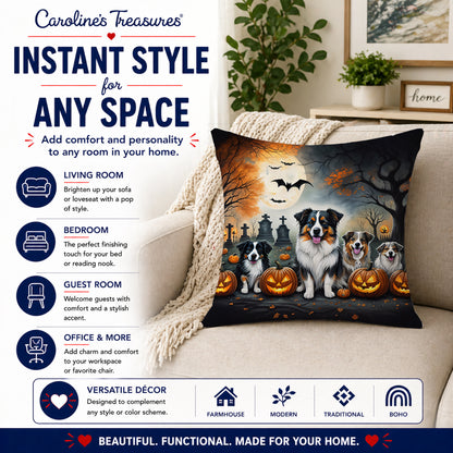 Caroline's Treasures DAC2009PW1414 Australian Shepherd Spooky Halloween Fabric Decorative Pillow Machine Washable, Indoor Outdoor Decorative Pillow for Couch, Bed or Patio, 14Hx14W