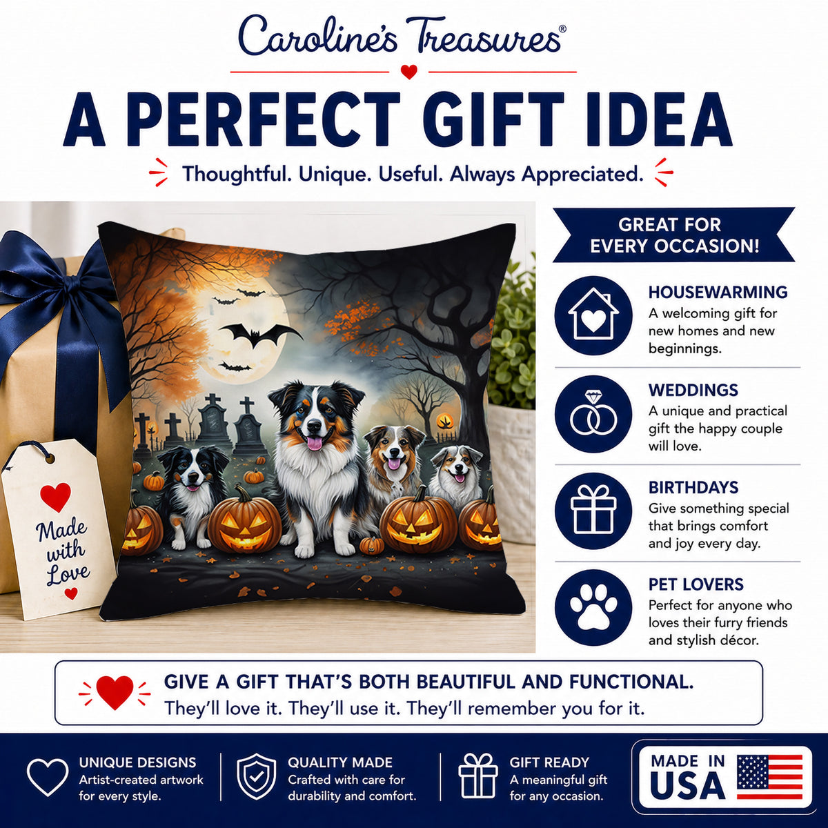 Caroline's Treasures DAC2009PW1414 Australian Shepherd Spooky Halloween Fabric Decorative Pillow Machine Washable, Indoor Outdoor Decorative Pillow for Couch, Bed or Patio, 14Hx14W