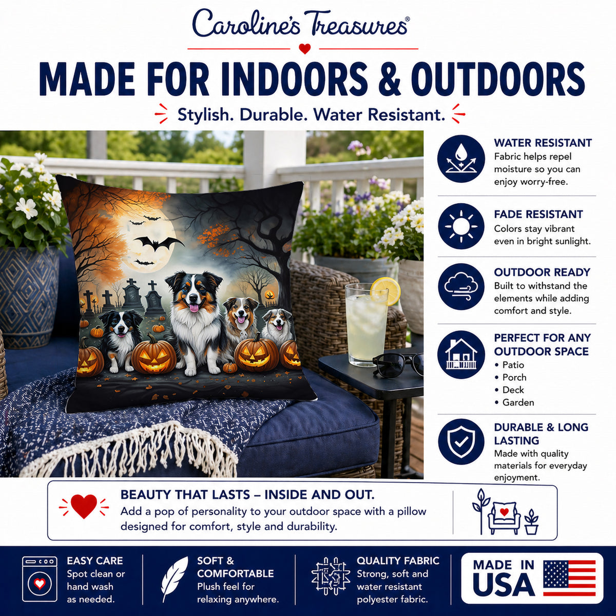 Caroline's Treasures DAC2009PW1414 Australian Shepherd Spooky Halloween Fabric Decorative Pillow Machine Washable, Indoor Outdoor Decorative Pillow for Couch, Bed or Patio, 14Hx14W