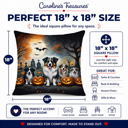 Caroline's Treasures DAC2009PW1818 Australian Shepherd Spooky Halloween Fabric Decorative Pillow Machine Washable, Indoor Outdoor Decorative Pillow for Couch, Bed or Patio, 18Hx18W