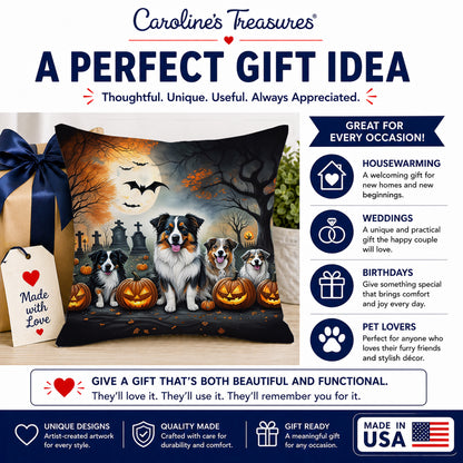 Caroline's Treasures DAC2009PW1818 Australian Shepherd Spooky Halloween Fabric Decorative Pillow Machine Washable, Indoor Outdoor Decorative Pillow for Couch, Bed or Patio, 18Hx18W