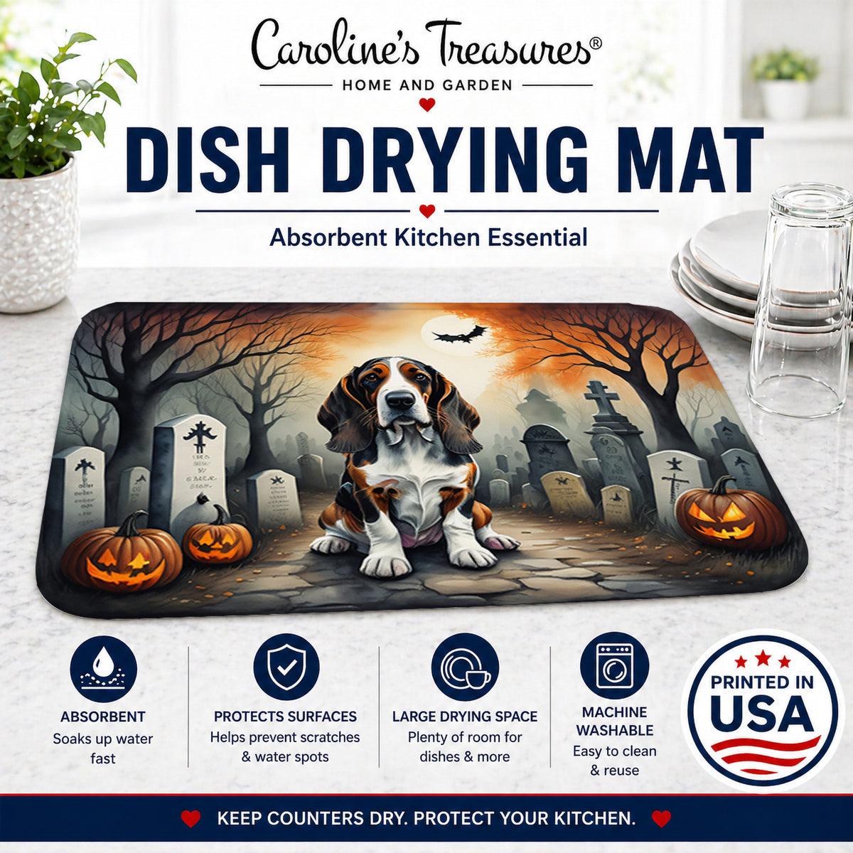 Caroline's Treasures DAC2010DDM Basset Hound Spooky Halloween Dish Drying Mat Absorbent Dish Drying Mat Pad for Kitchen Counter Dish Drainer Mat for Countertop, 14 x 21, Multicolor