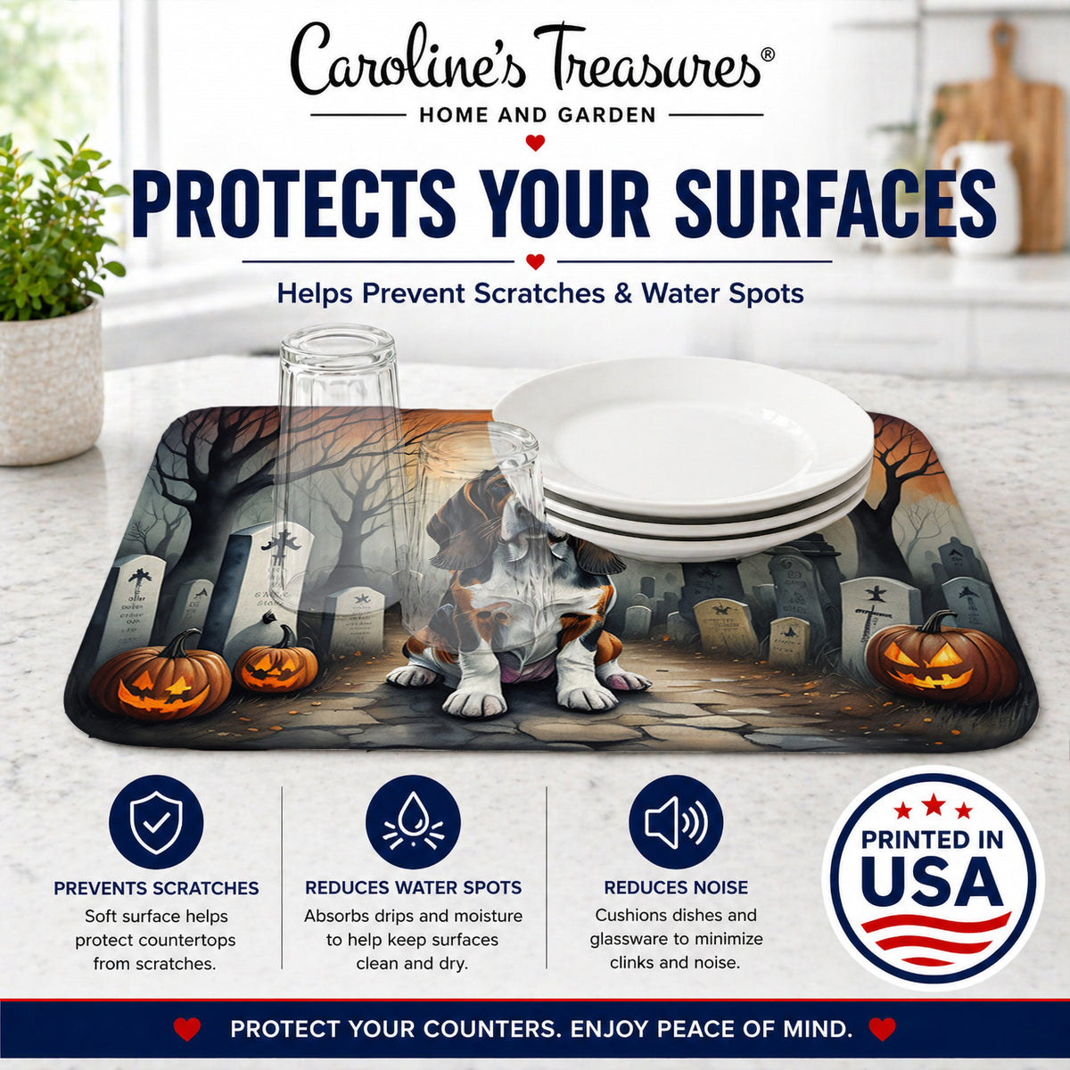 Caroline's Treasures DAC2010DDM Basset Hound Spooky Halloween Dish Drying Mat Absorbent Dish Drying Mat Pad for Kitchen Counter Dish Drainer Mat for Countertop, 14 x 21, Multicolor