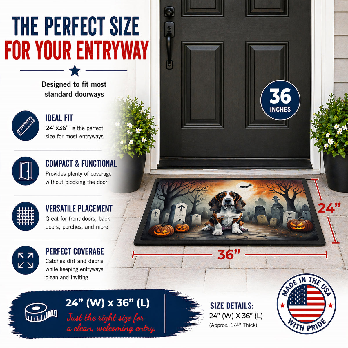 Caroline's Treasures DAC2010JMAT Basset Hound Spooky Halloween Indoor or Outdoor Mat 24x36 Front Door Mat Indoor Outdoor Rugs for Entryway, Non Slip Washable Low Pile, 24H X 36W