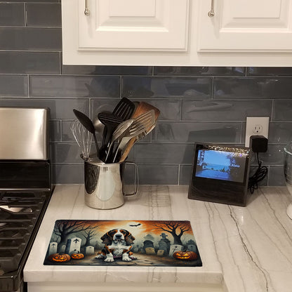 Caroline's Treasures DAC2010LCB Basset Hound Spooky Halloween Glass Cutting Board Large Decorative Tempered Glass Kitchen Cutting and Serving Board Large Size Chopping Board