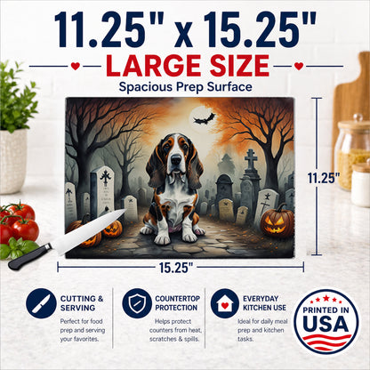 Caroline's Treasures DAC2010LCB Basset Hound Spooky Halloween Glass Cutting Board Large Decorative Tempered Glass Kitchen Cutting and Serving Board Large Size Chopping Board