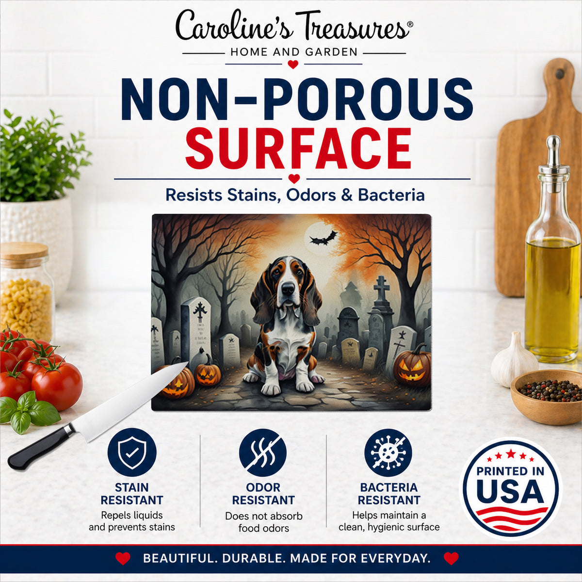 Caroline's Treasures DAC2010LCB Basset Hound Spooky Halloween Glass Cutting Board Large Decorative Tempered Glass Kitchen Cutting and Serving Board Large Size Chopping Board